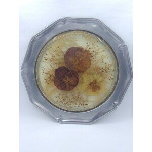 Vtg 70s Colorflo boho wall decor/ metal tray w/Pressed Dried Flowers in resin